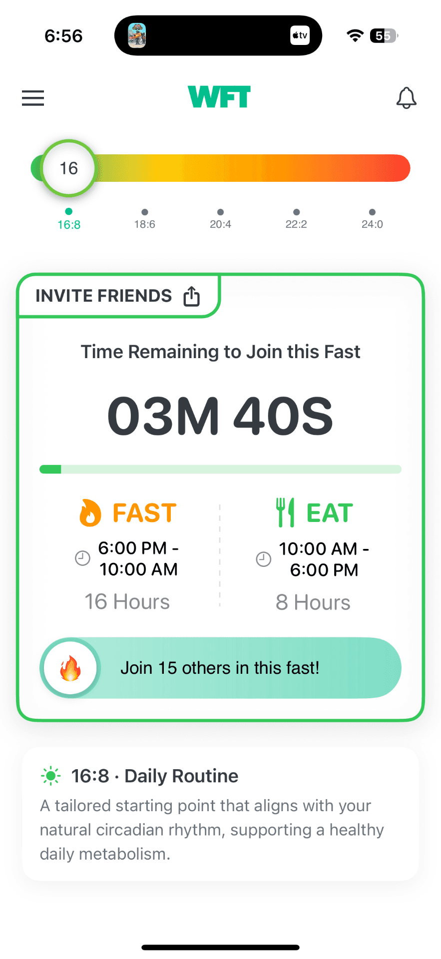We Fast Together app showing community fasting with timer and group progress