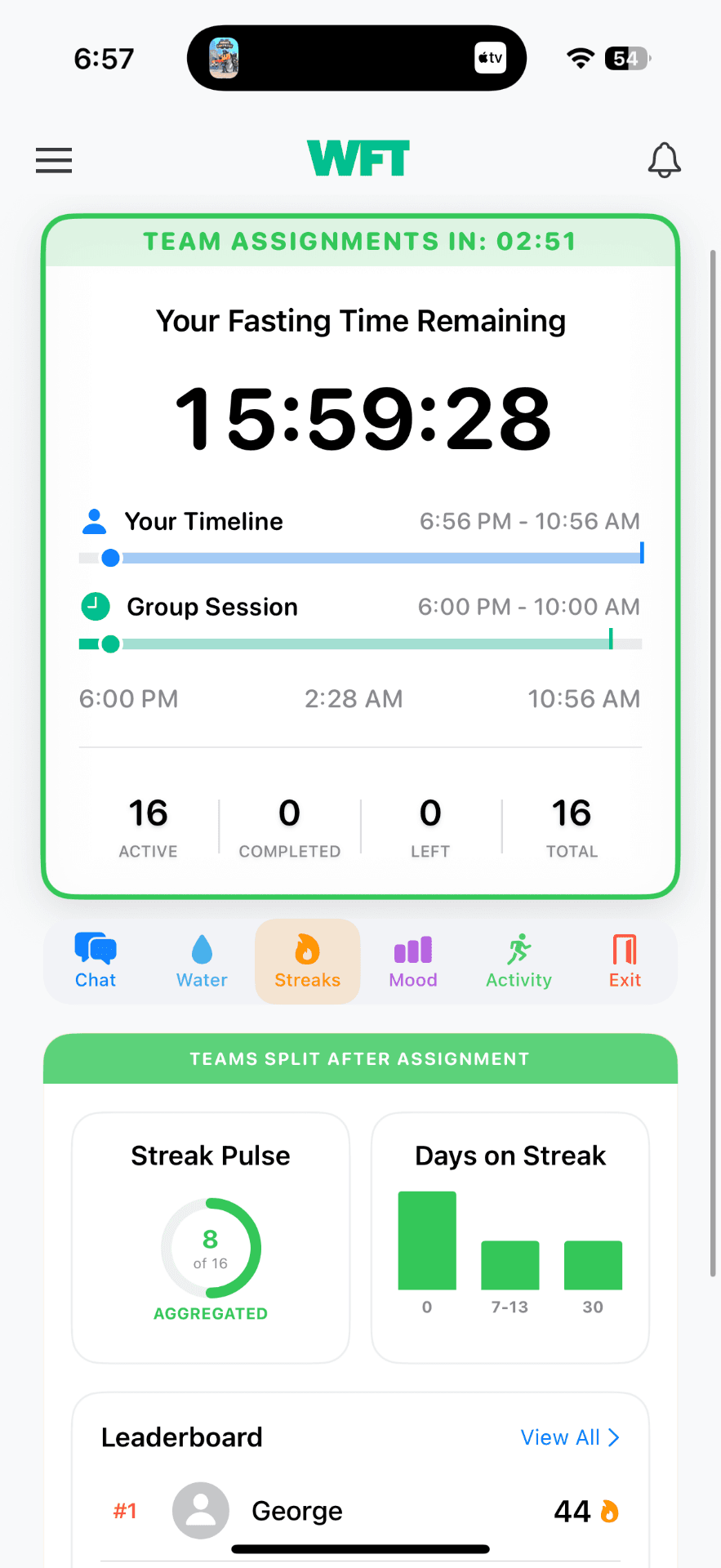 Live fasting timer showing 15:59:28 remaining with group session timeline and participant stats